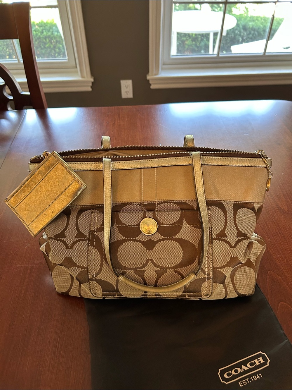 Coach Tan/Brown Signature Tote with Gold Accent Card Case